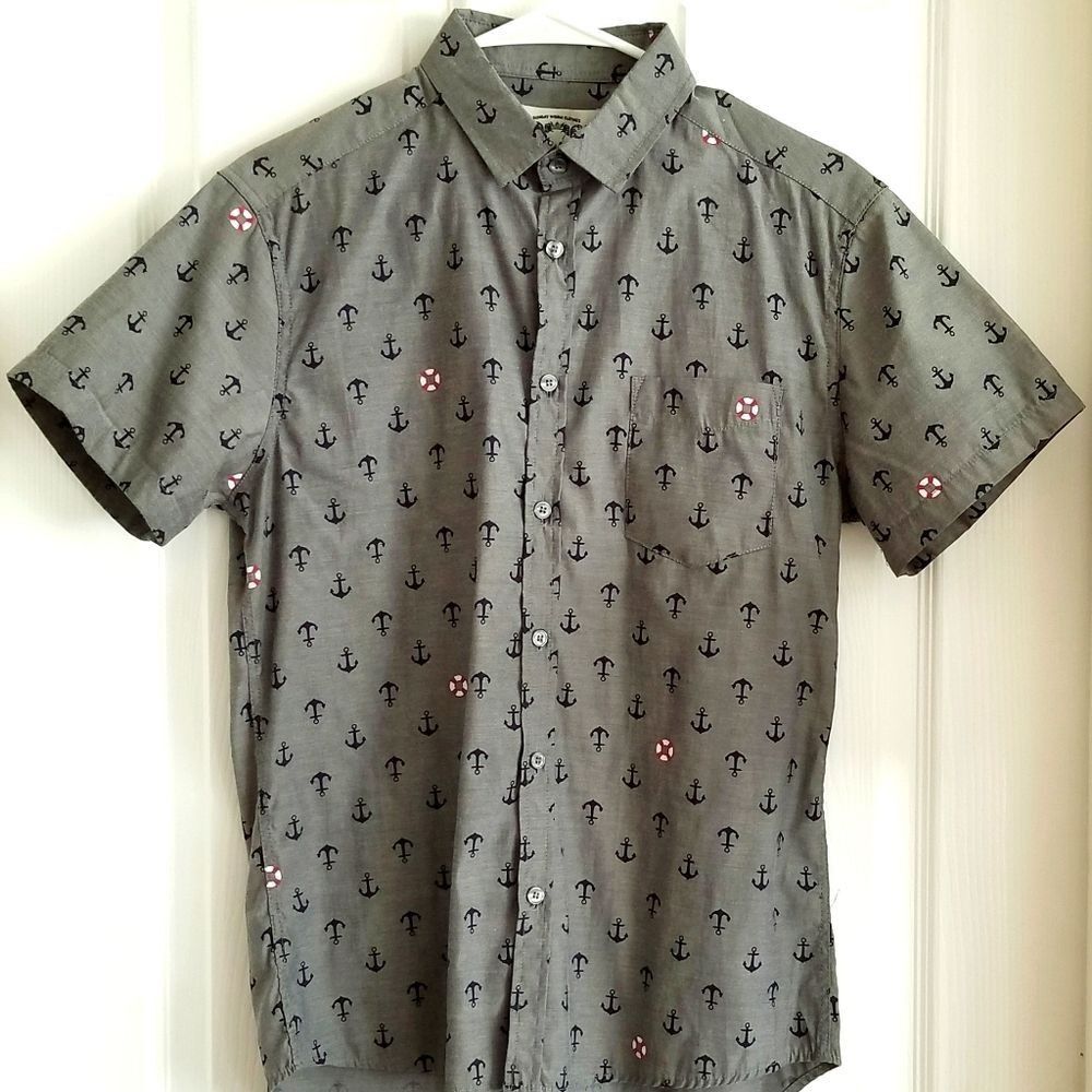 Sunday Work Clothes Men's S Gray Anchor Life Saver Print Button Up Cotton Shirt